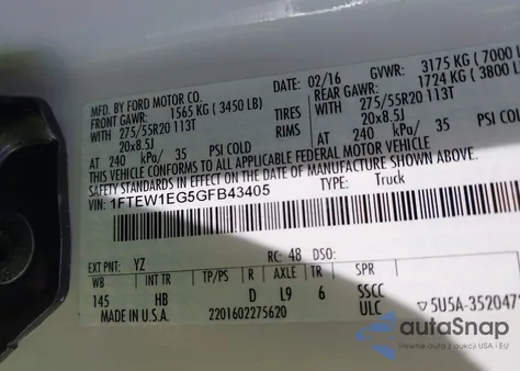 2016 Ford F-150 Lariat from USA, damaged, VIN 1FTEW1EG5GFB43405